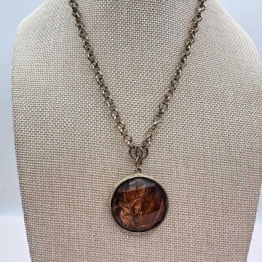 Vintage 90s Silver‎ Tone Amber Foil Glass Round Pendant Necklace Women's Jewelry